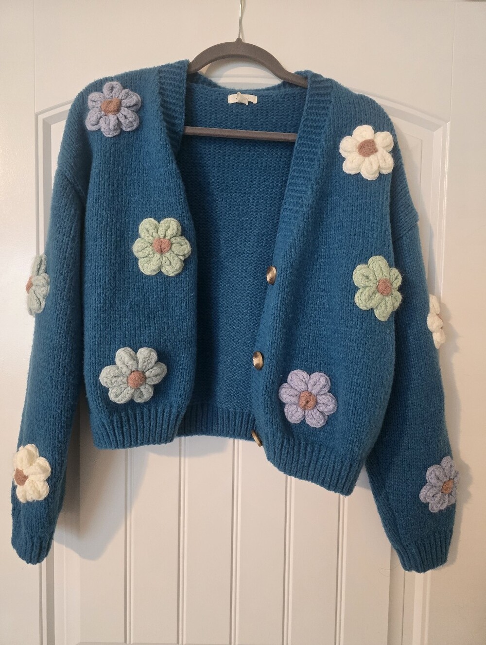 Teal Floral Appliqué Knit Flower Cardigan Sweater